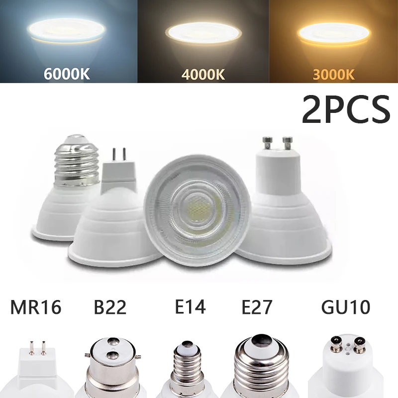 

2 Pack GU10 LED 220V 110V COB Spotlight E27 E14 GU5.3 MR16 B15 B22 7W Home LED Bulb High Brightness Dimmable Commercial Lighting