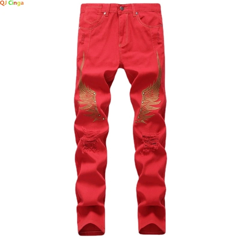 

Джинсы мужские с вышивкой Golden Wings, модные повседневные зауженные брюки из денима, рваные джинсы большого размера 29-34 36 38 40 42