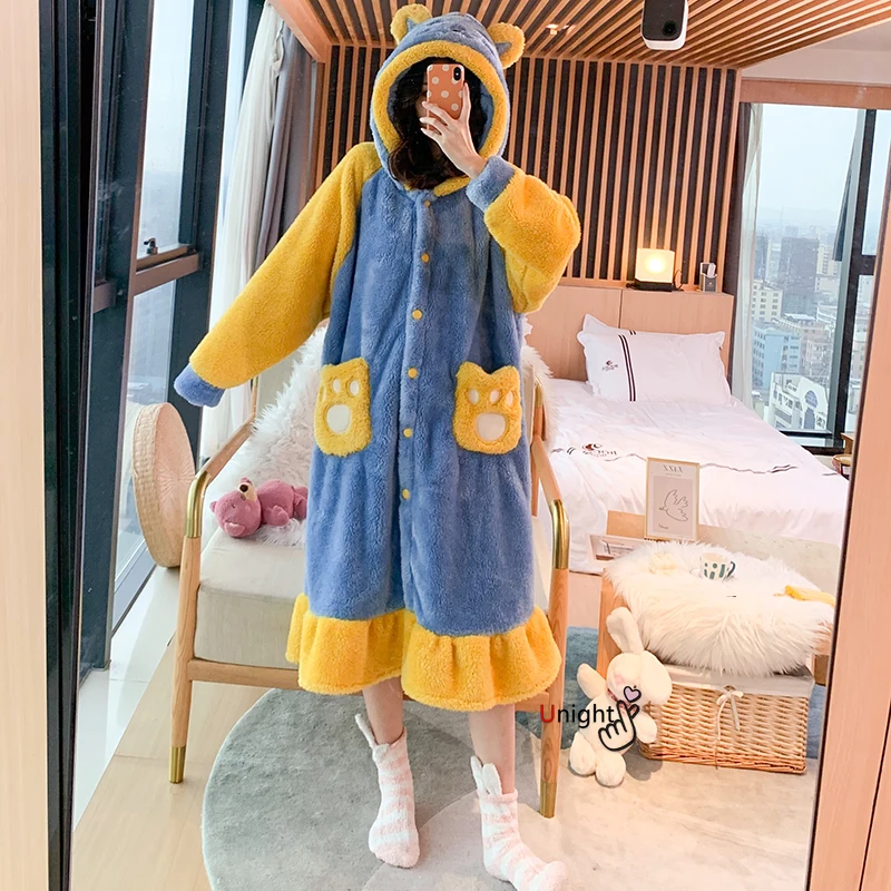 Женская Длинная зимняя Пижама-кимоно с капюшоном и карманами | одежда