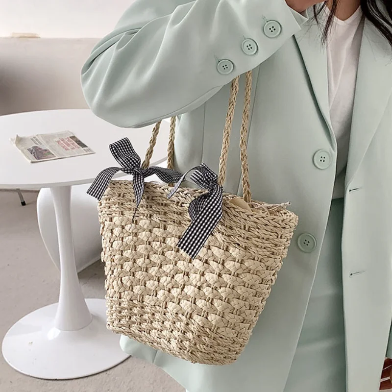 Women Popular Straw Shoulder Bags New Bow Handbag National Style Fashion Simple Bucket Women Bag
