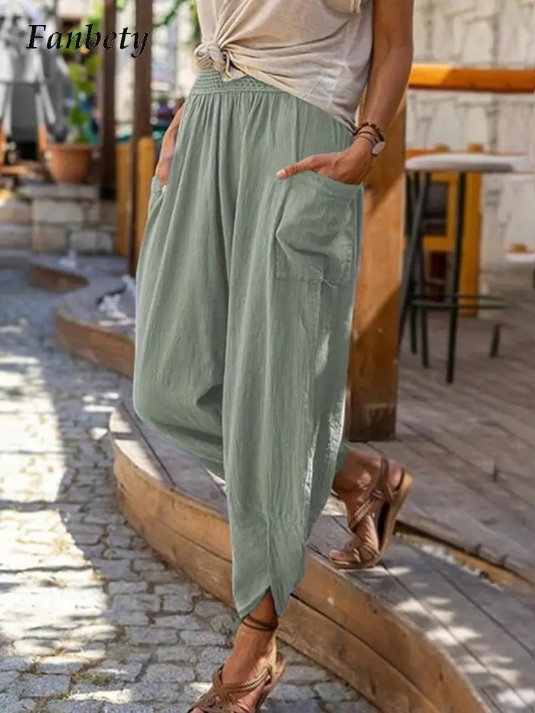 

Women Casual Cotton Linen Pocket Pencil Pants Fashion Harajuku Solid Color Long Pants Vintage Ladies Street Daily Wear Trousers