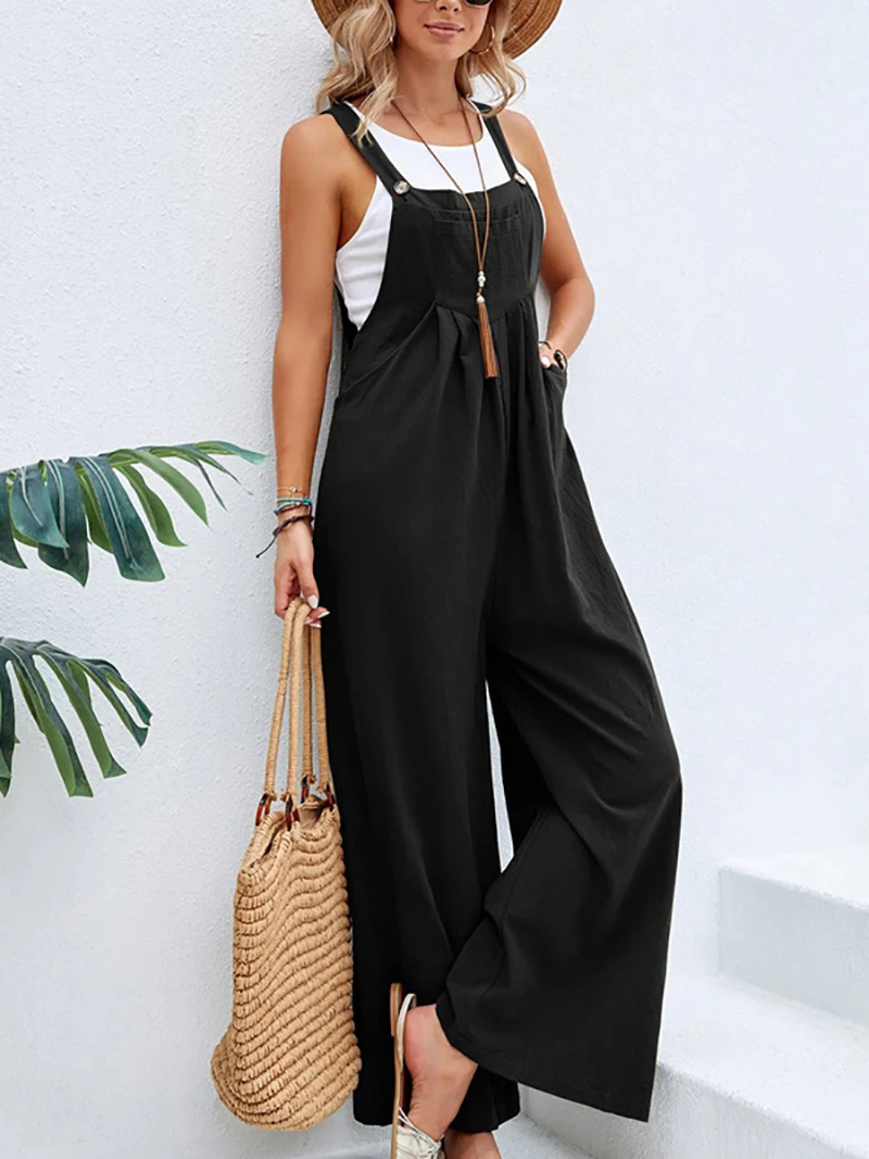

Sleeveless Jumpsuit Women 2023 Summer Elegant Loose One Piece Wide Leg Pants Casual Solid Romper Streetwear Female Overalls y2k