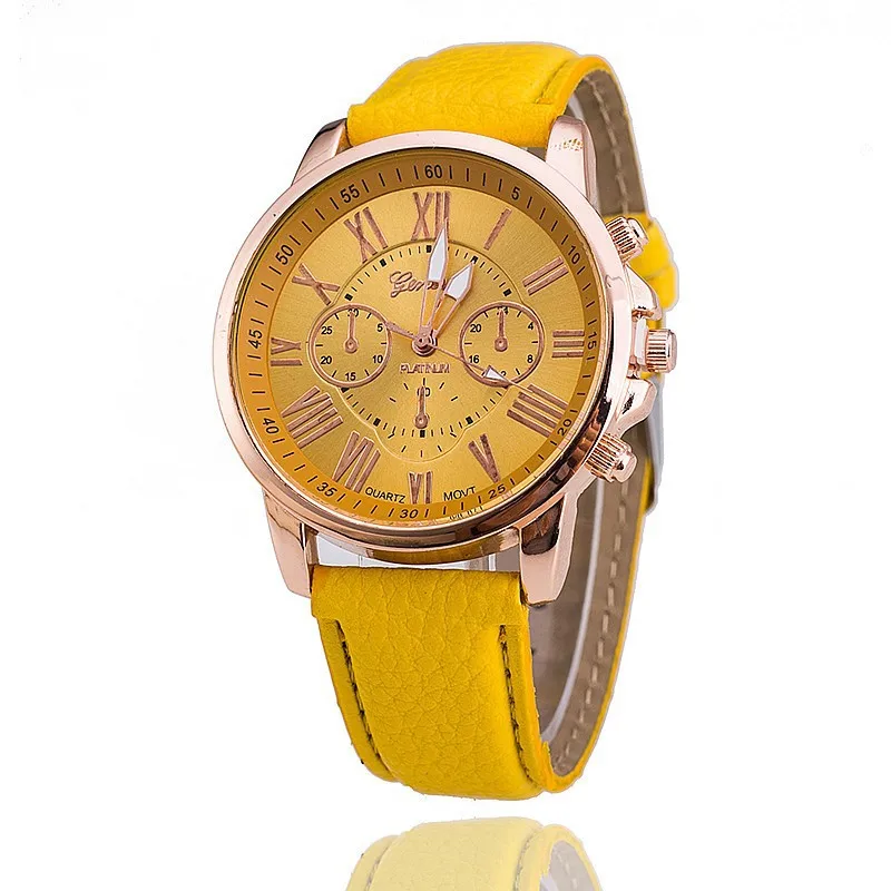 

Geneva Ladies Watch Sports Yellow Leather Strap Two Eyes Double Roman Digital Quartz Wristwatches For Women Reloj Mujer Relogio
