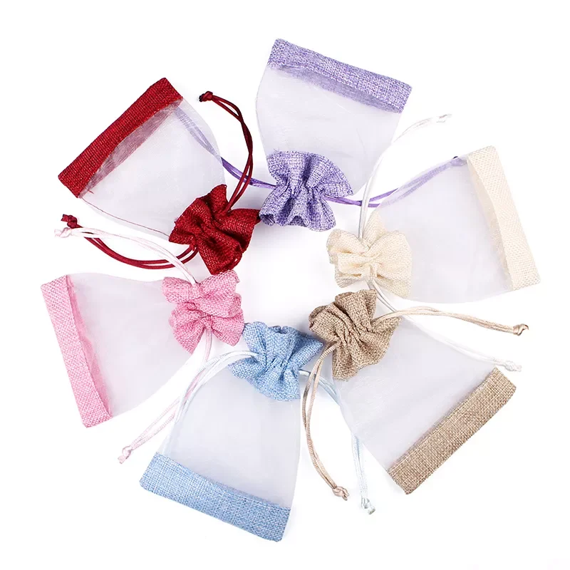 

50Pc 2019 New Linen Bag Organza Sachet Stitching Drawstring Jewelry Packaging Pouch Wedding Party Gift Pouches Can Printing LOGO