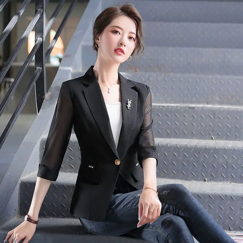 Thin Small Suit Jacket Women's Spring and Summer 2023 Korean Version Slim Mesh Thin Short Seven-sleeve Suit Blouse