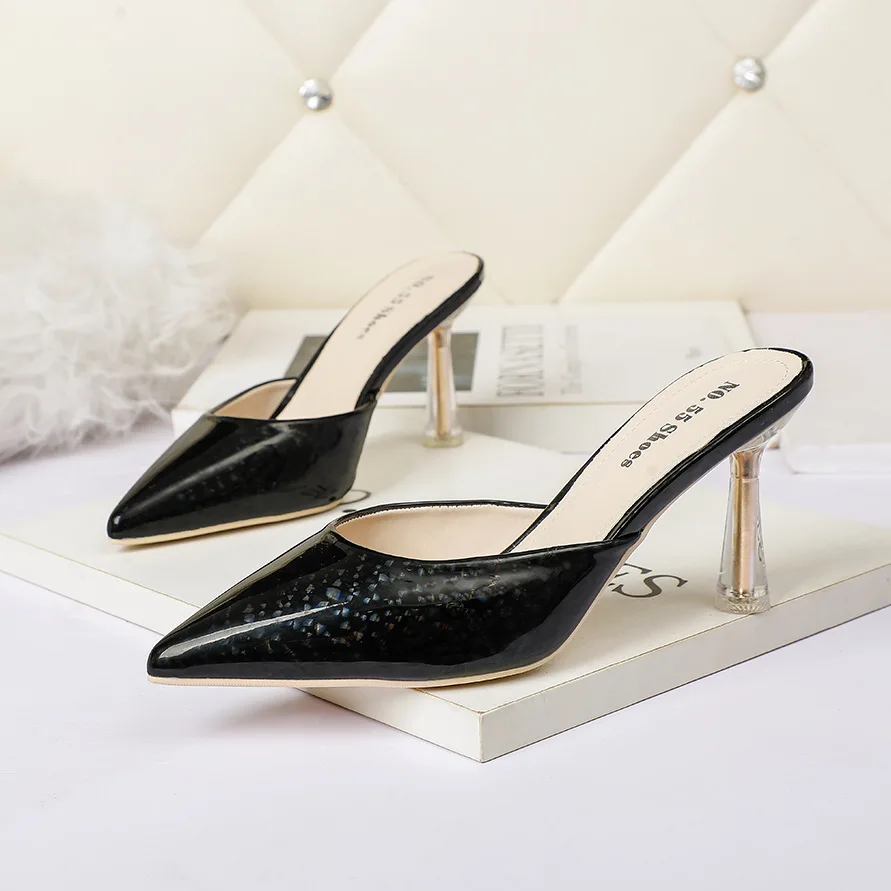 

Pointed Toe Shoes Woman's Slippers Heeled Mules Slides New Shallow Fashion Cover 2022 High Thin Luxury Scandals Rubber PU Pumps