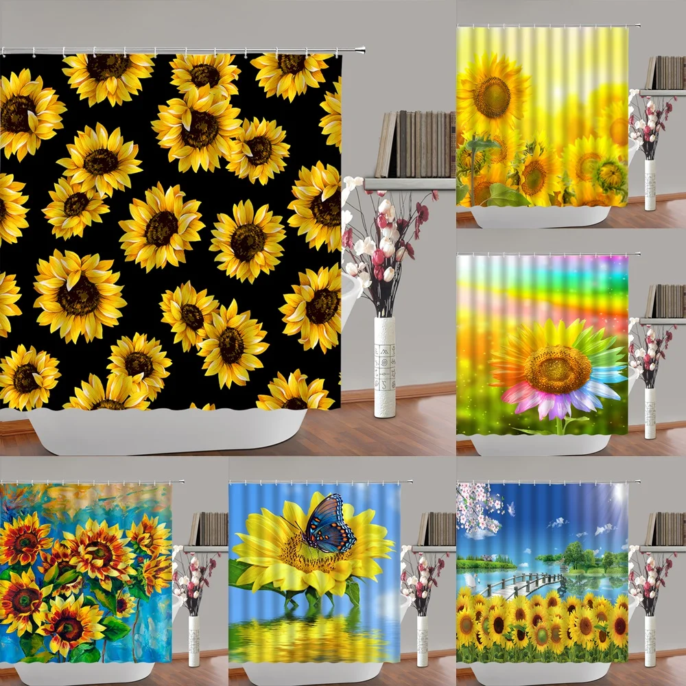 

Sunflower Shower Curtain Nature Floral Plant Wild Flower Butterfly Rustic Farmhouse Bathroom Curtains Set with Hooks Waterproof