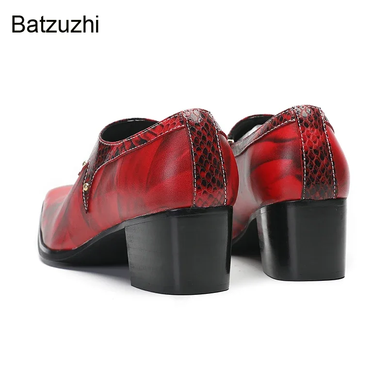 Batzuzhi Мужские туфли на каблуке 5 см с острым носком Красные модельные из