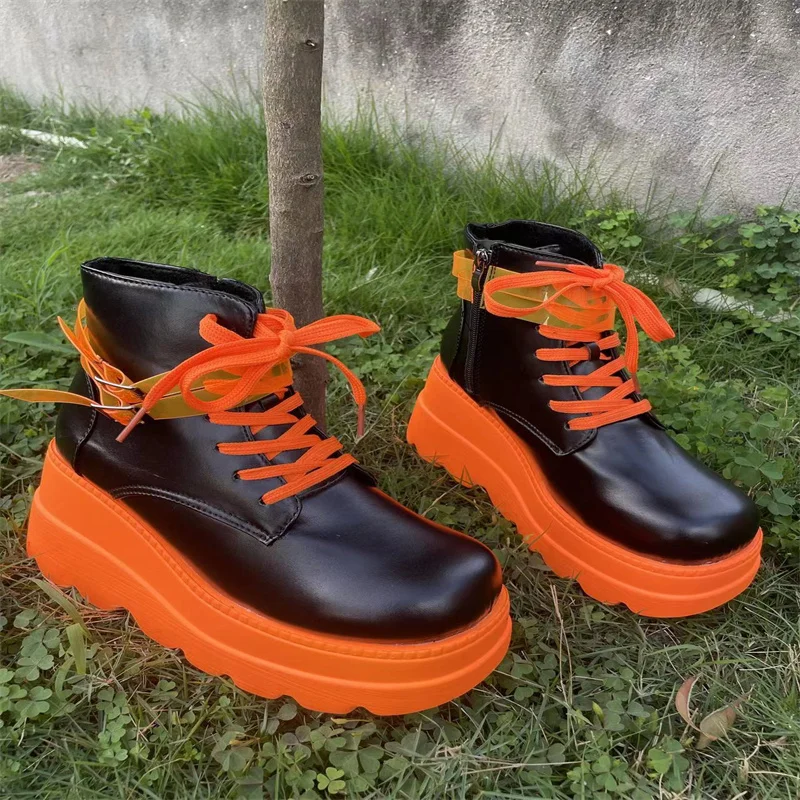 New Women's Wedge High Heel Boots 2022 Fashion Lace Up High Heel Ankle Boots Women's Party Goth Shoes Women Plus Size 36-43