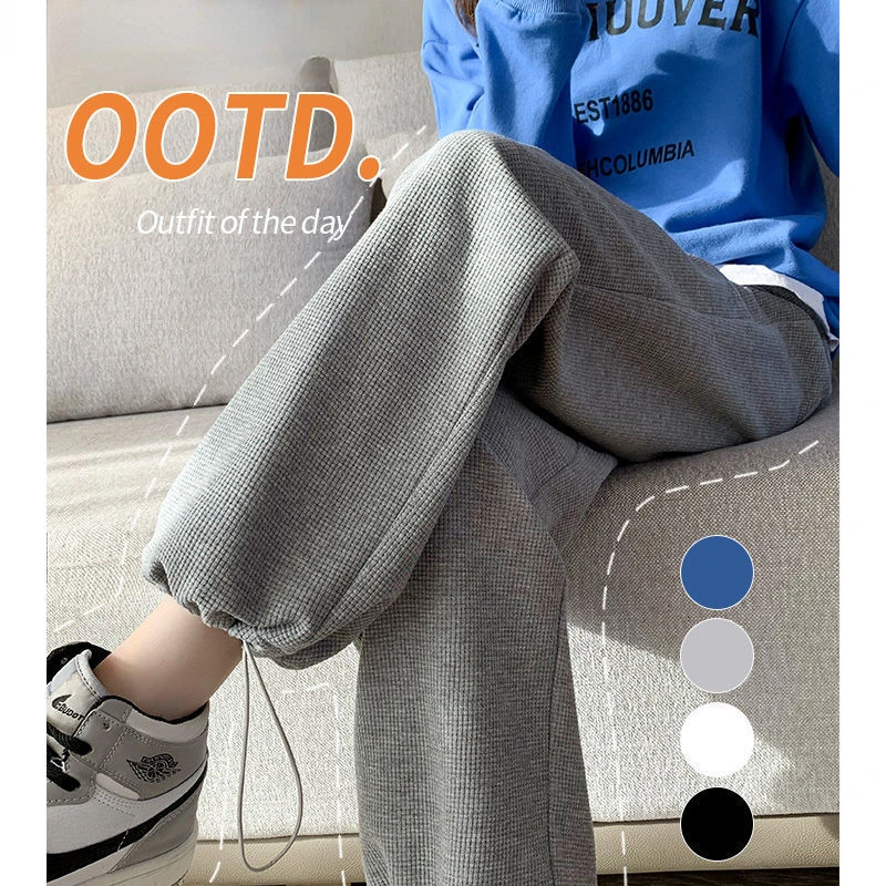 Spring and Autumn 2XL Sports Pants Female 2022 New Drawstring Ankle-Tied Wide-Leg Knickerbockers Casual Waffle Sweatpants Women
