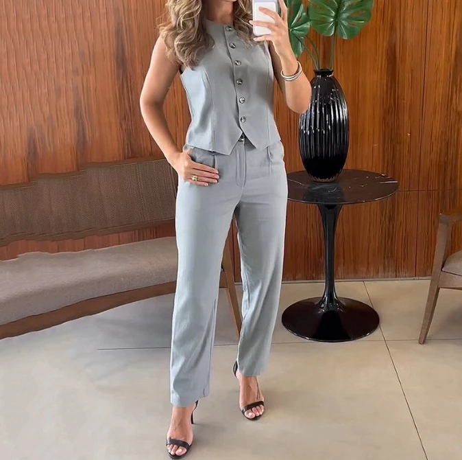 Женский Брючный комплект элегантный однобортный Топ без рукавов с круглым