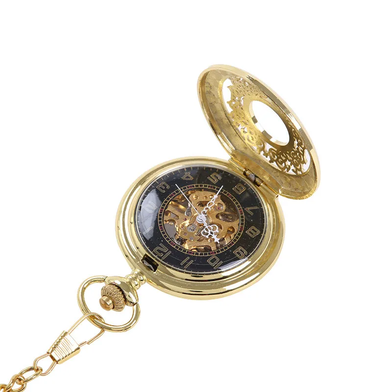 Luxury Gold Flower Mechanical Pocket Watch for Men Women Hollow Skeleton Case Roman Numerals Dial Man Fob Chain Pendant Clock