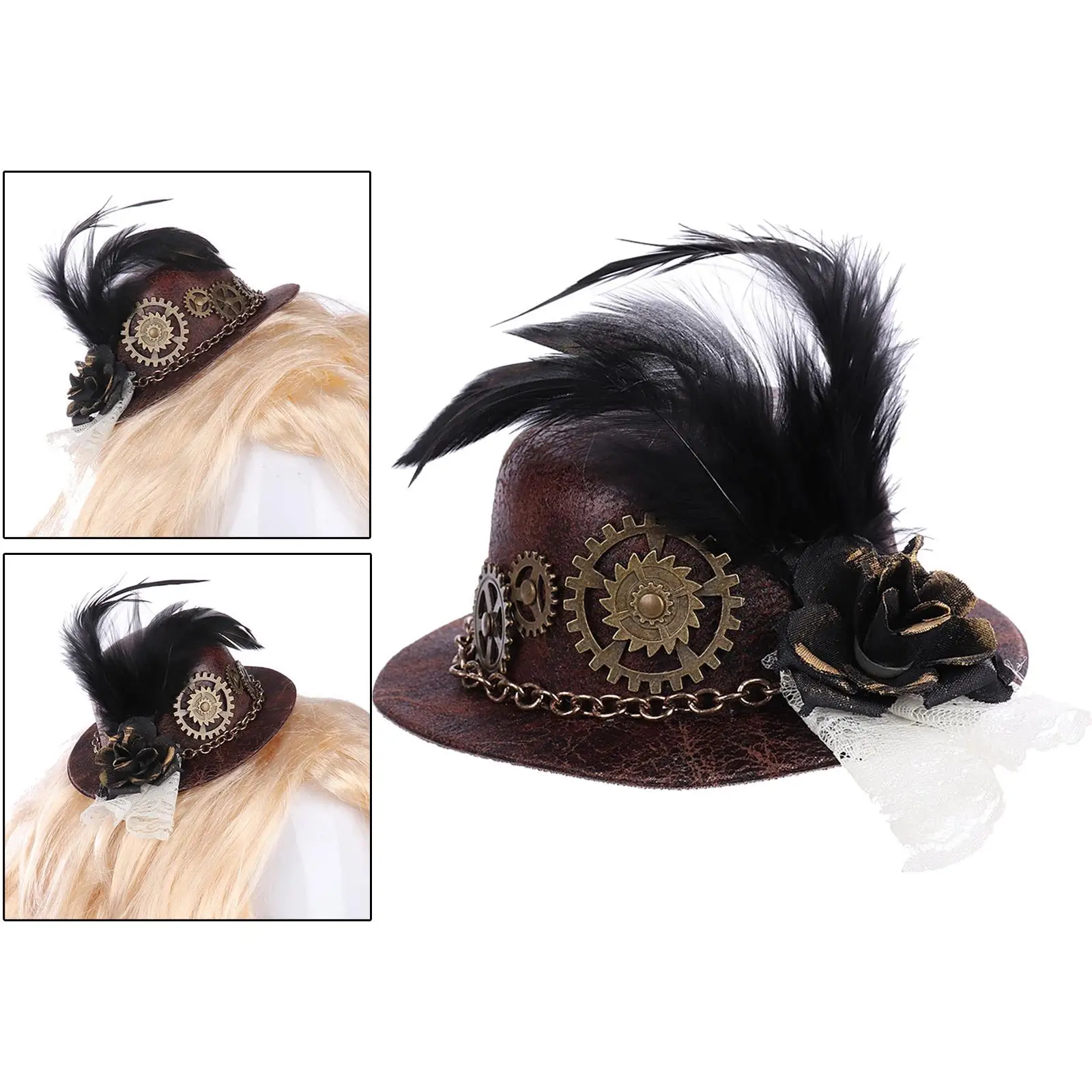 

Vintage Goth Steampunk Mini Top Hat with Gear Feather Hair Clip, Masquerade Costume Party Jazz Hat Halloween Accessories Brown