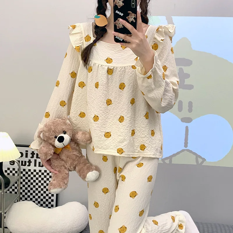 Spring Autumn Pajamas for Women Puff Sleeves Cotton Korean Loose Long-sleeved Sleepwear Trousers Cute Home Clothes Two-piece Set