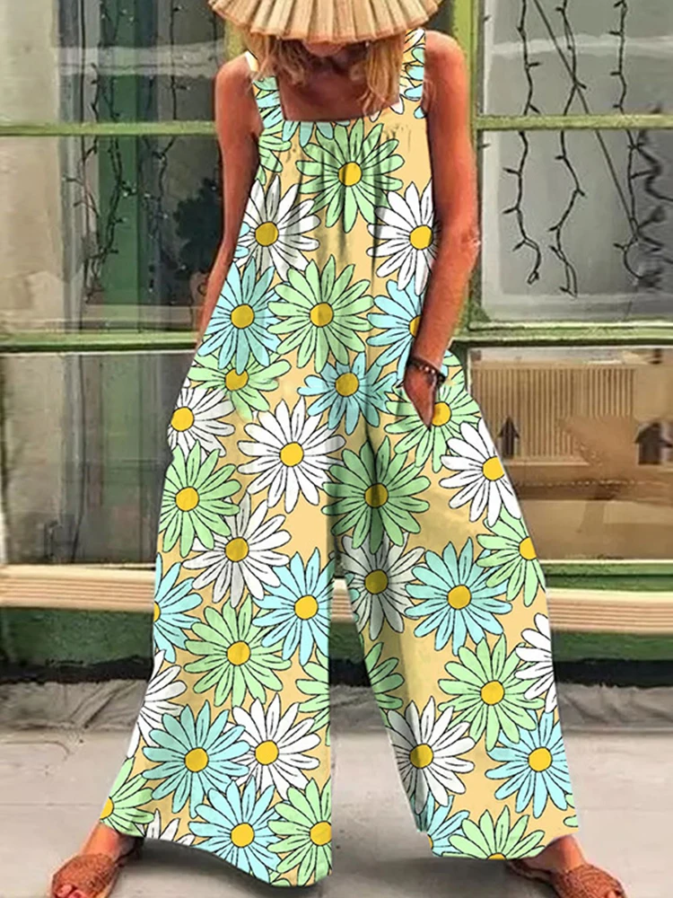 

Retro Print Sleeveless Ladies Overalls Summer Casual Sling Off Shoulder Jumpsuit Women Fashion Loose Square Neck Beach Jumpsuit