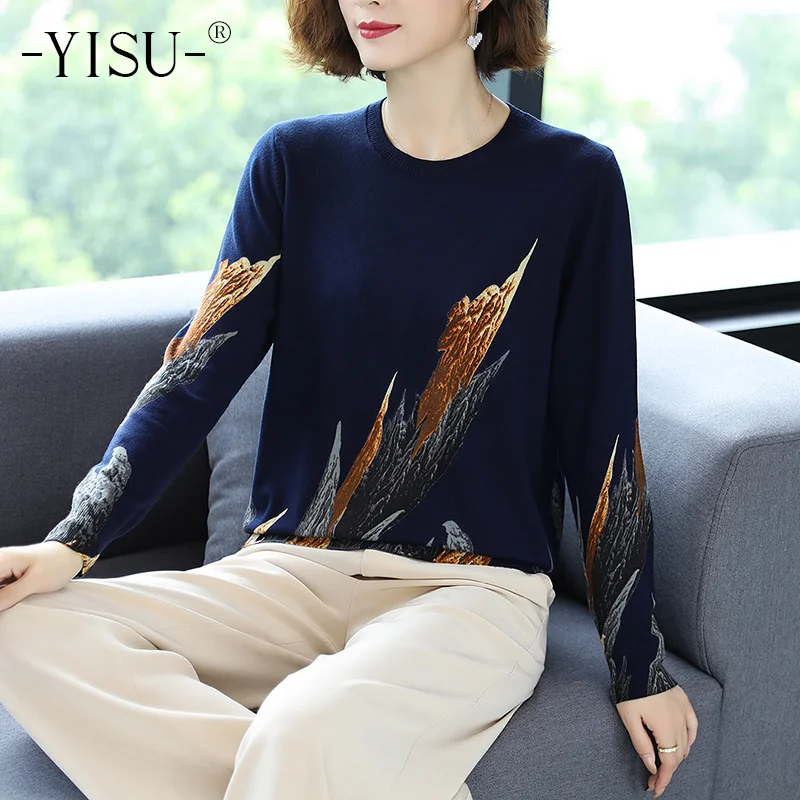 

YISU Autumn Winter Casual Knitted Sweater Women Pullover Sweaters Loose Jumper O neck Long sleeve Printed sweater Women