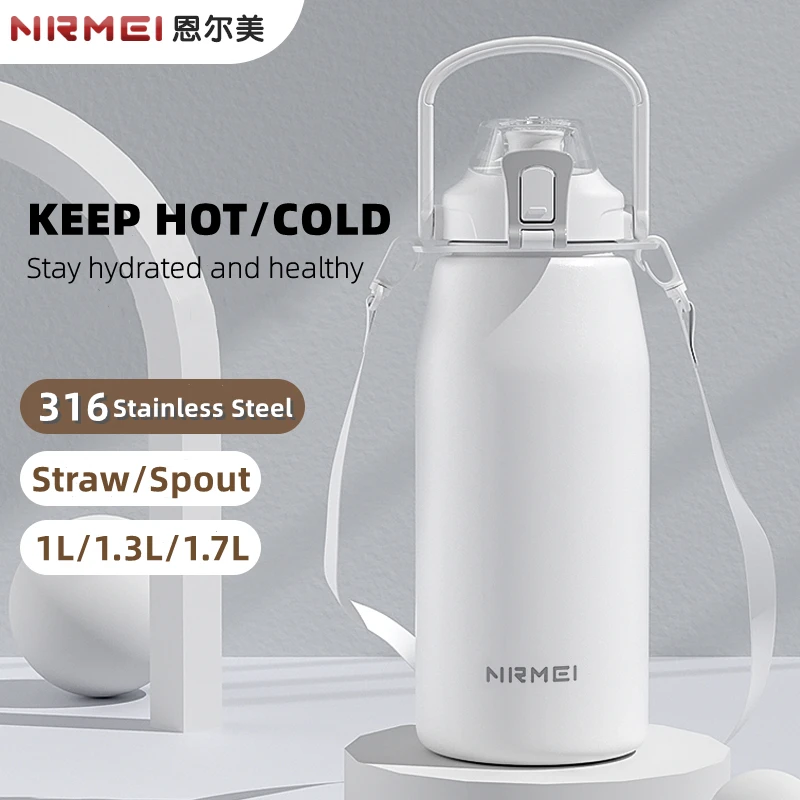 

Cute Water Bottle with Straw Stainless Steel Vacuum Cup with Handle Strap Sticker Leak Proof Portable Insulated Bottle for Girls