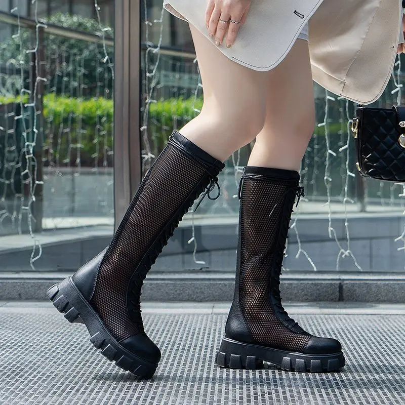 Summer Boots Women Chunky Heel Knee-length Platform Woman Female Round Toe Zipper Sandals Mesh Ladies Fashion Comfort Shoes