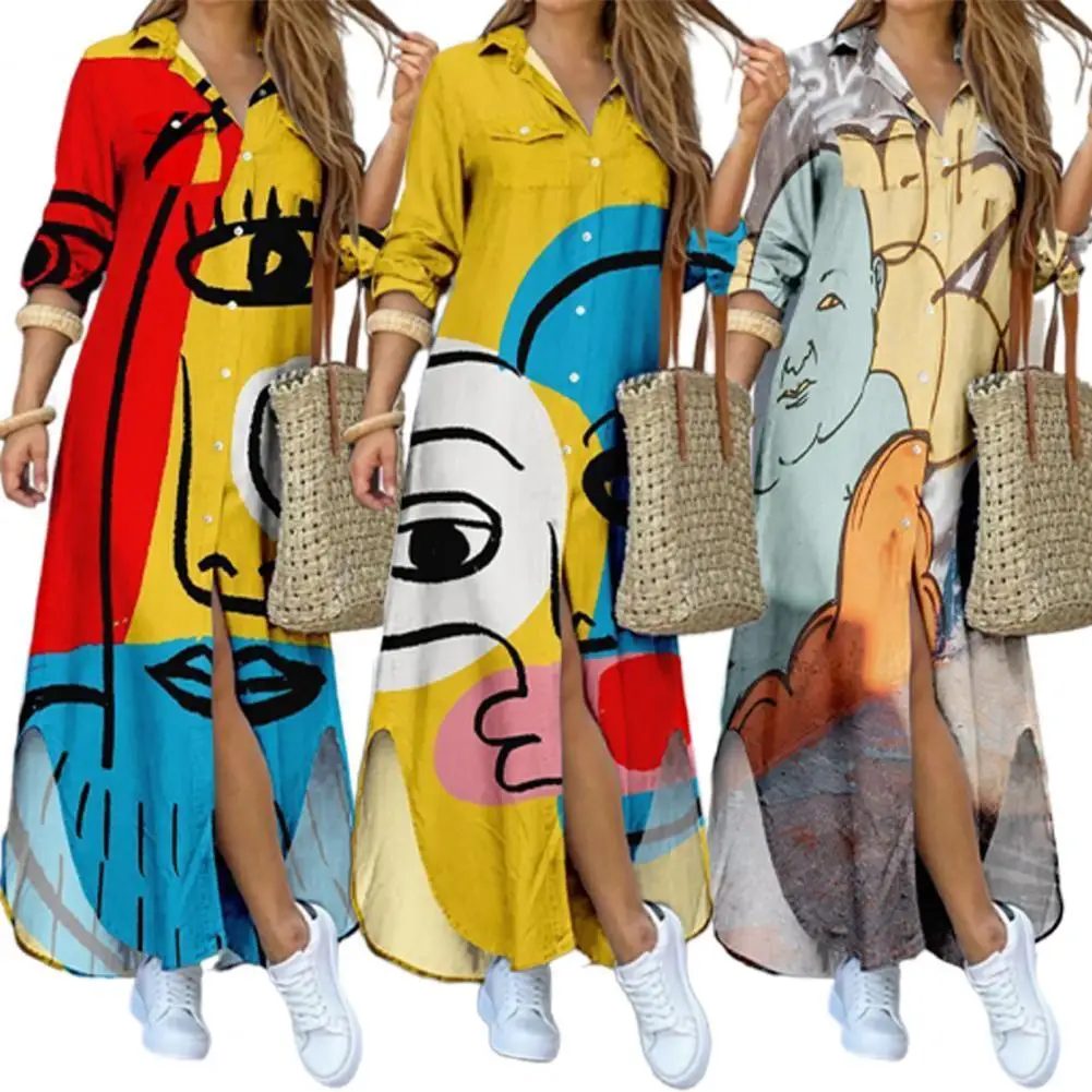 

Abstract Pattern Trendy Irregular Hem Spring Dress Creative Women Dress Long Sleeve for Home