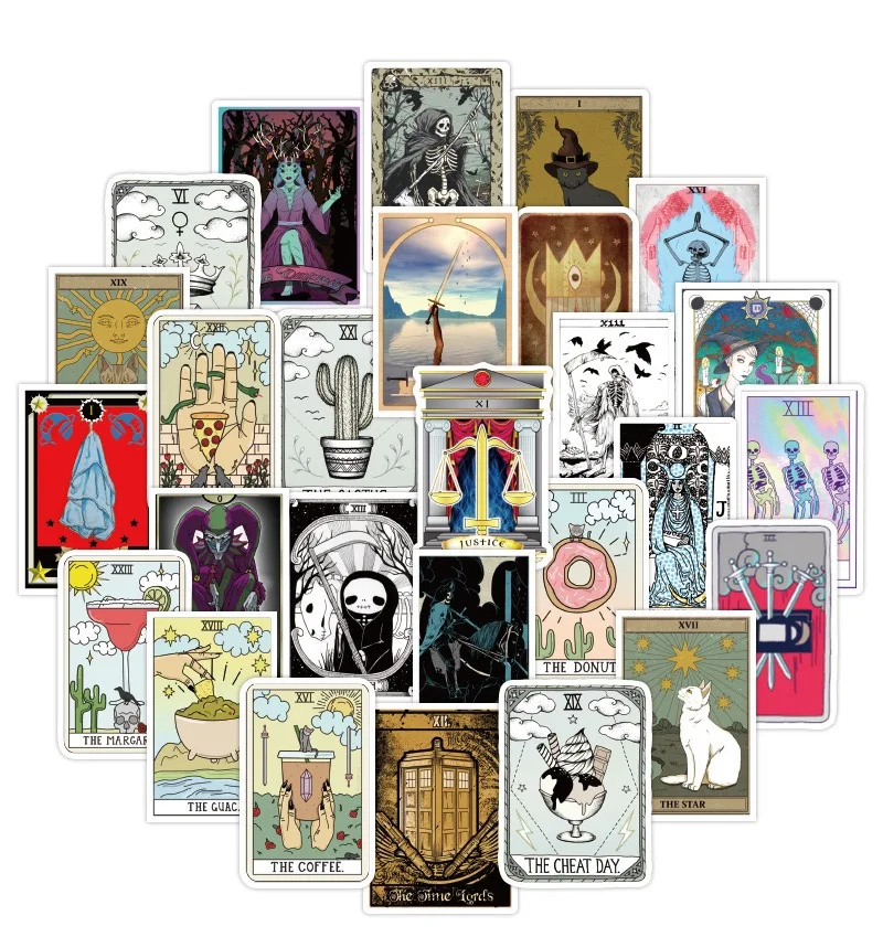 Набор из 50 загадочных ретро-наклеек с кошачьим Таро: эстетичные стикеры для гадания, для автомобиля, скейтборда, ноутбука, телефона, детских поделок и игрушек (art.: 3920db7dc01fd) - 3920db7dc01fd