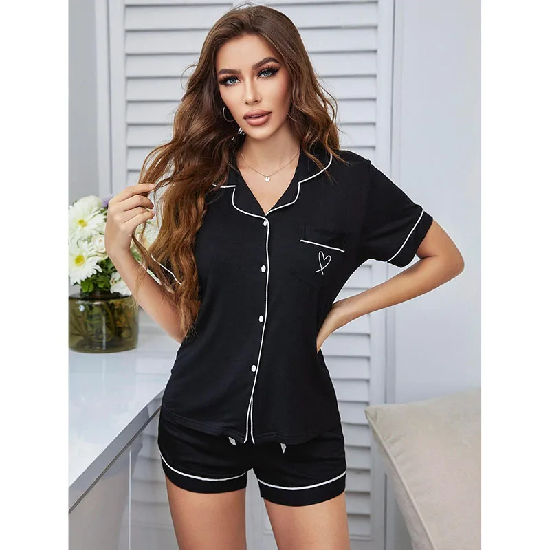Women's Sleepwear 2 Pcs Sets Cotton Black Sleepwear Short Sleeve Button Shirt and Pants Pajamas Set