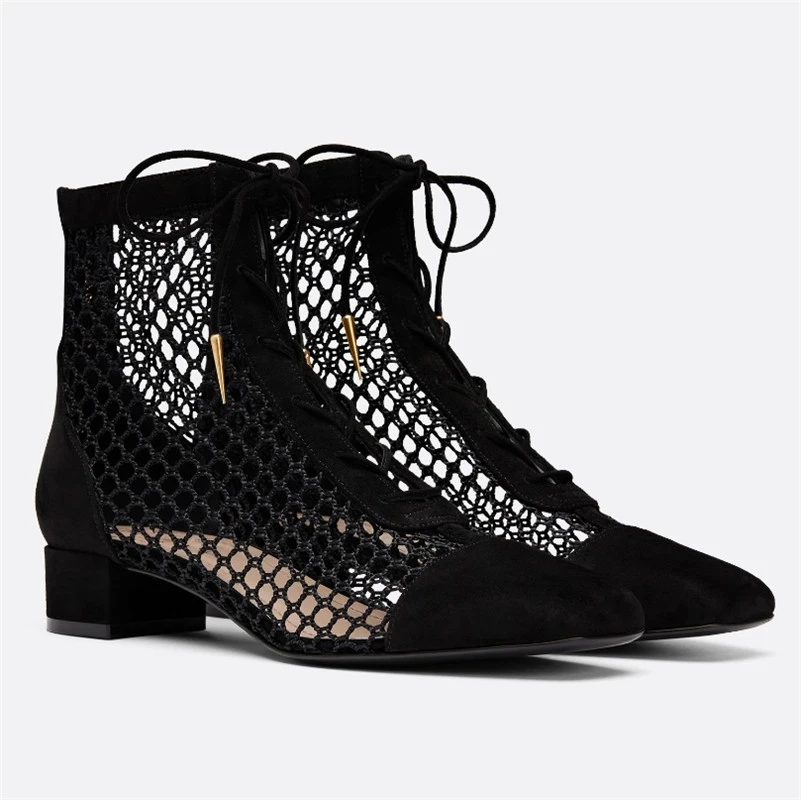 

2023 New Sexy Lace-up Mesh Hollow Ankle Boots Zapatos Mujer Elegantes Con Tacones Bajos Charms Zapatos De Mujer Envío Gratis