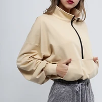 womens stand up collar zipper stretch fashion street style solid color pocket high collar casual sweater womens sweatshirt