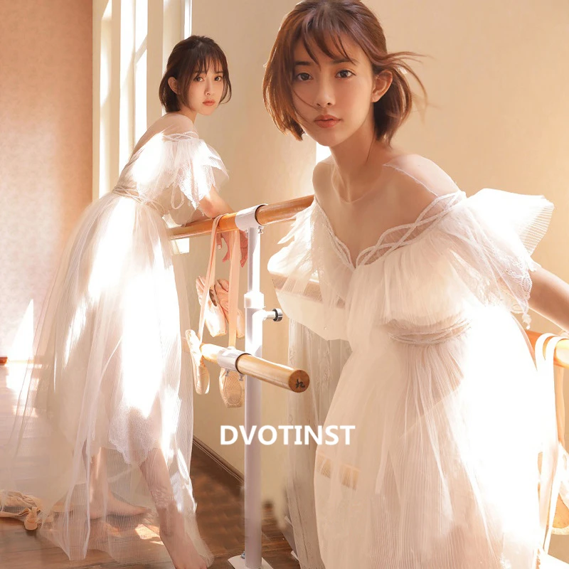 Dvotinst Women Photography Props Maternity Dresses White Lace V-neck Ballet Performance Party Dress Photoshoot Photo Clothes