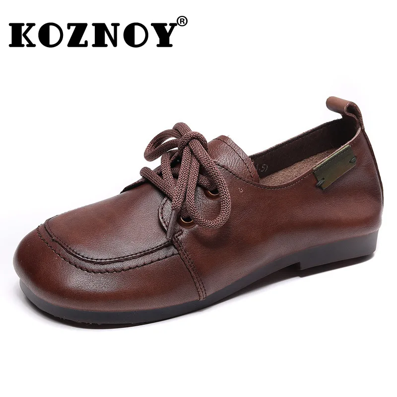 

Koznoy 1.5cm New Retro Vintage Round Toe Genuine Leather Ethnic Comforable Summer Mother Women Oxford Sole Shallow Lace Up Shoes