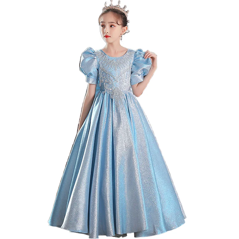 2023 Child Girl Evening Dress Kids Princess Plain Printed Long Ball Gowns with Big Bow Children Prom Party Dresses Teens Outfits