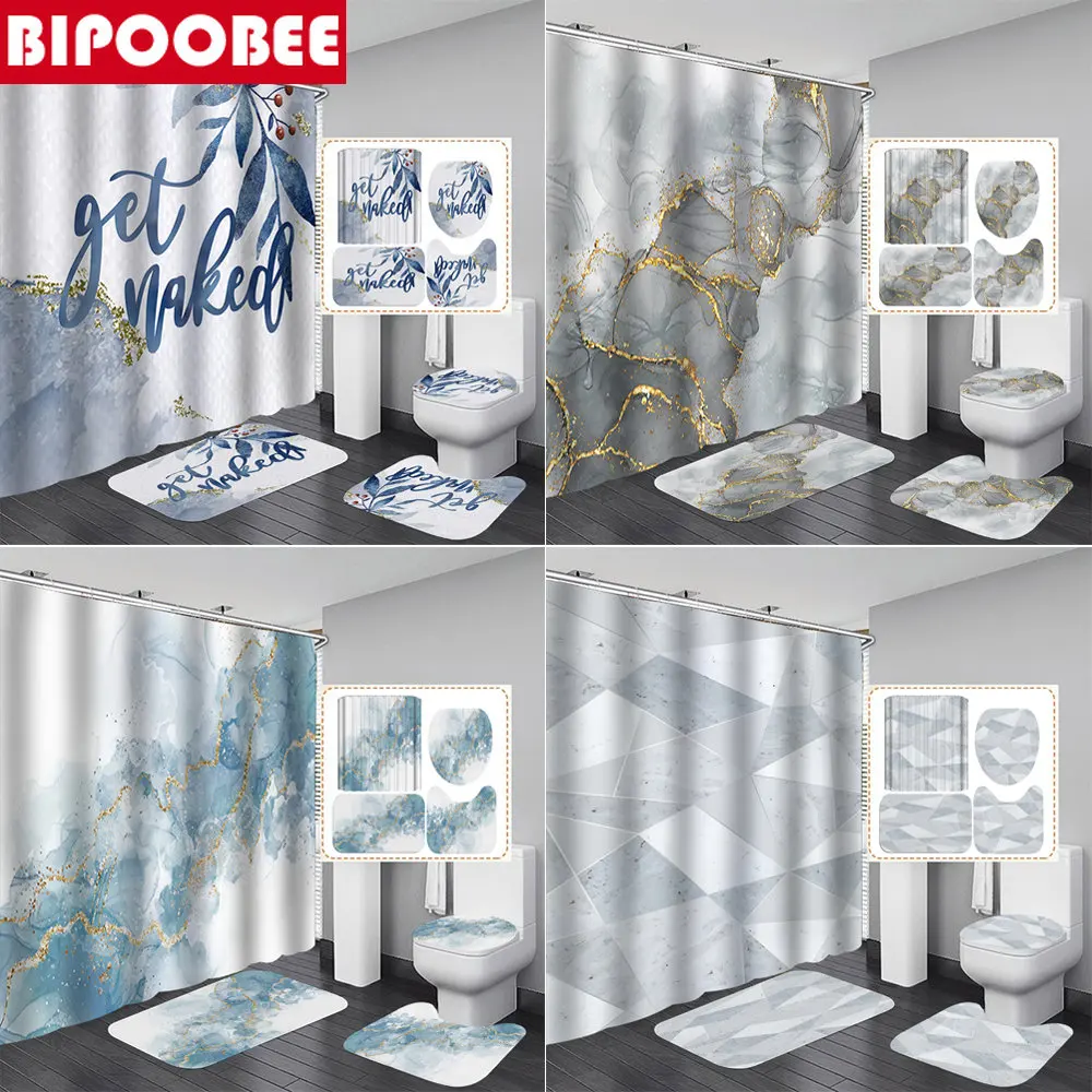 

3D Abstract Marble Shower Curtains Crack Gold Texture Luxury Stone Grain Bathroom Curtain Toilet Cover and Bath Mat Non-Slip Rug