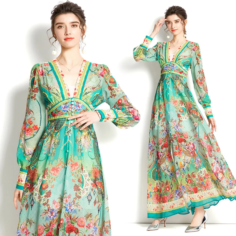 

Оригинальный дизайн, восстанавливающее древние способы-2022, chun xia, Глубокий V-образный вырез, принт, рукав-фонарик, длинное платье