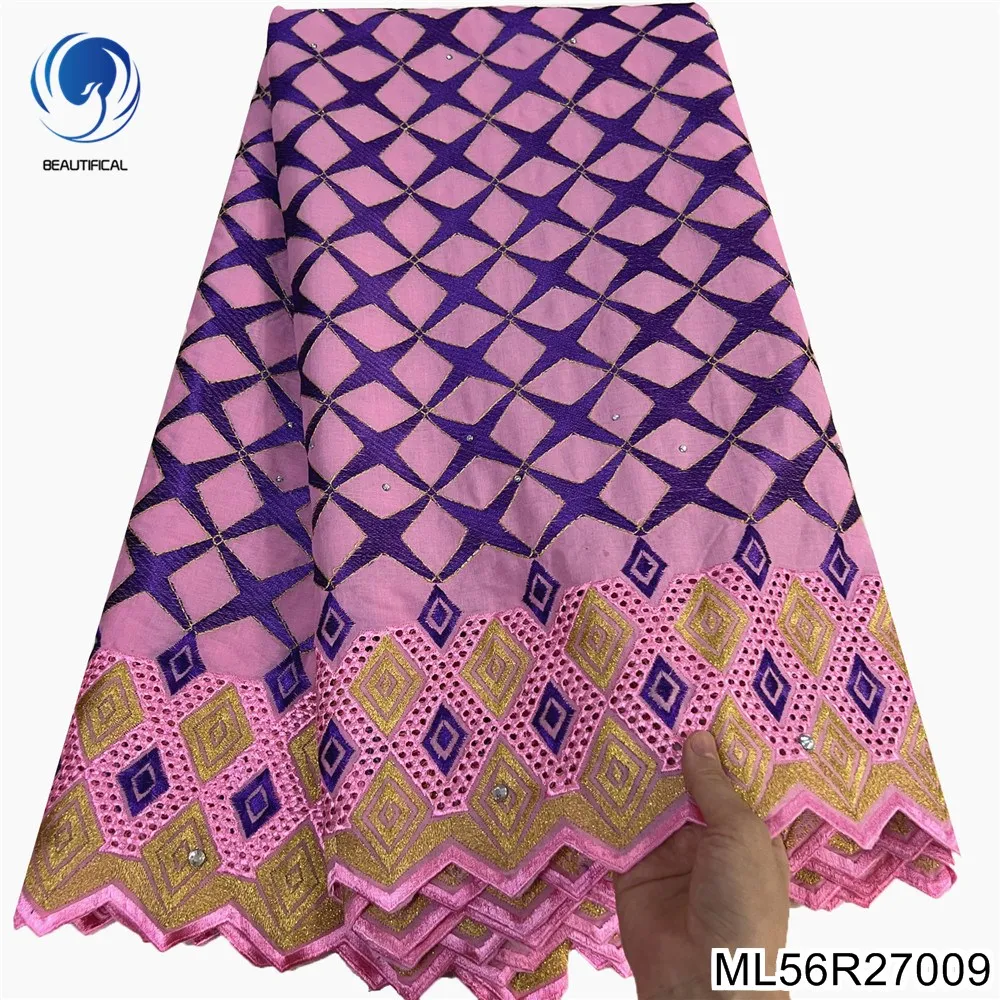 2022 High Quality 5 Yard Swiss Lace Fabric with Stones African Embroidery 100% Cotton Fabrics for Wedding Dress ML56R270