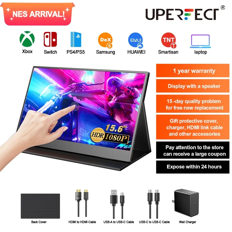 

UPERFECT 15.6 ich Portable Monitor QHD IPS LCD Panel with Smart Stand 1920*1080 Gaming Monitor for MAC PS4/5/3 Xbox Switch, Vide