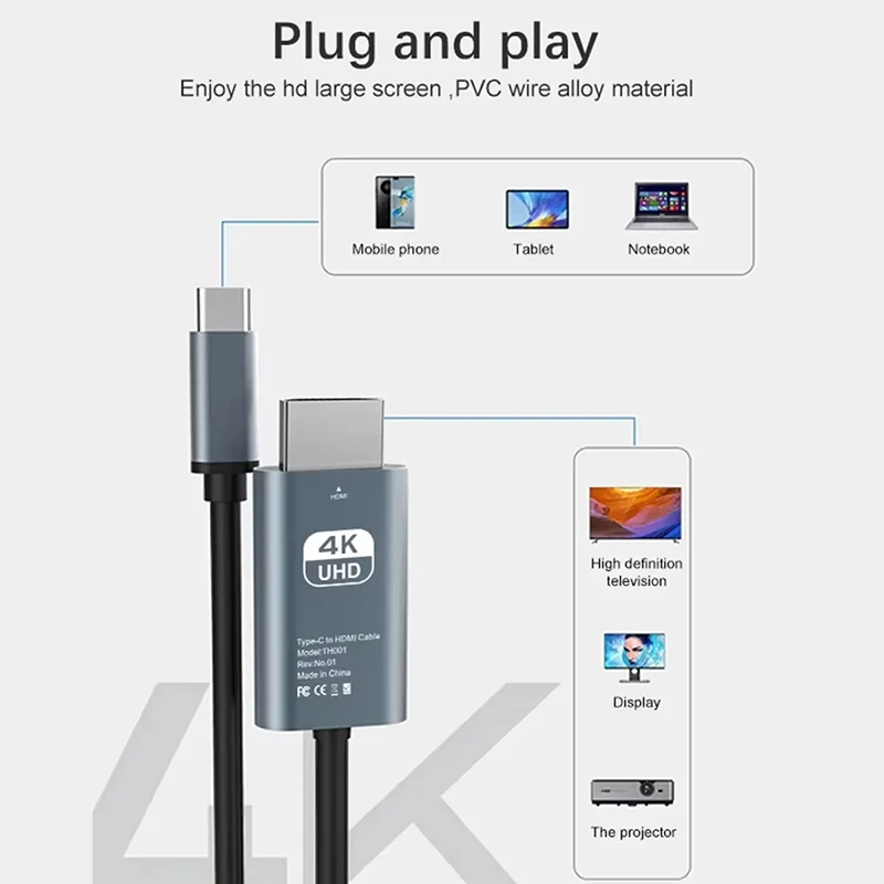 Фото Кабель для преобразования видео 4K30Гц/60Гц HD Type-C в HDTV, кабель для синхронной передачи изображения, для ТВ и компьютера, 0.1/2 метра, плетеный кабель для проекции экрана №2