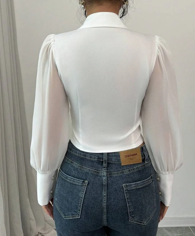 Женская рубашка элегантная однотонная блузка с фонариком Ciff длинным рукавом и