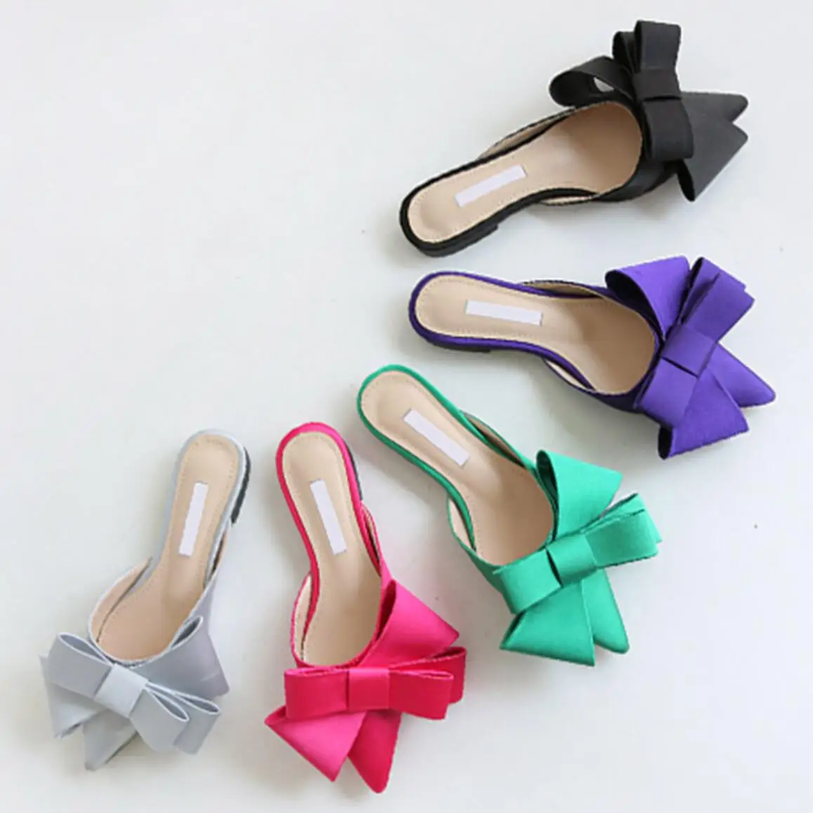 Koovan Women's Slippers 2022 New Bow Pointed Half Slippers Women Wear Summer Fashion Silk  Flat Bottom Sandals For Girls