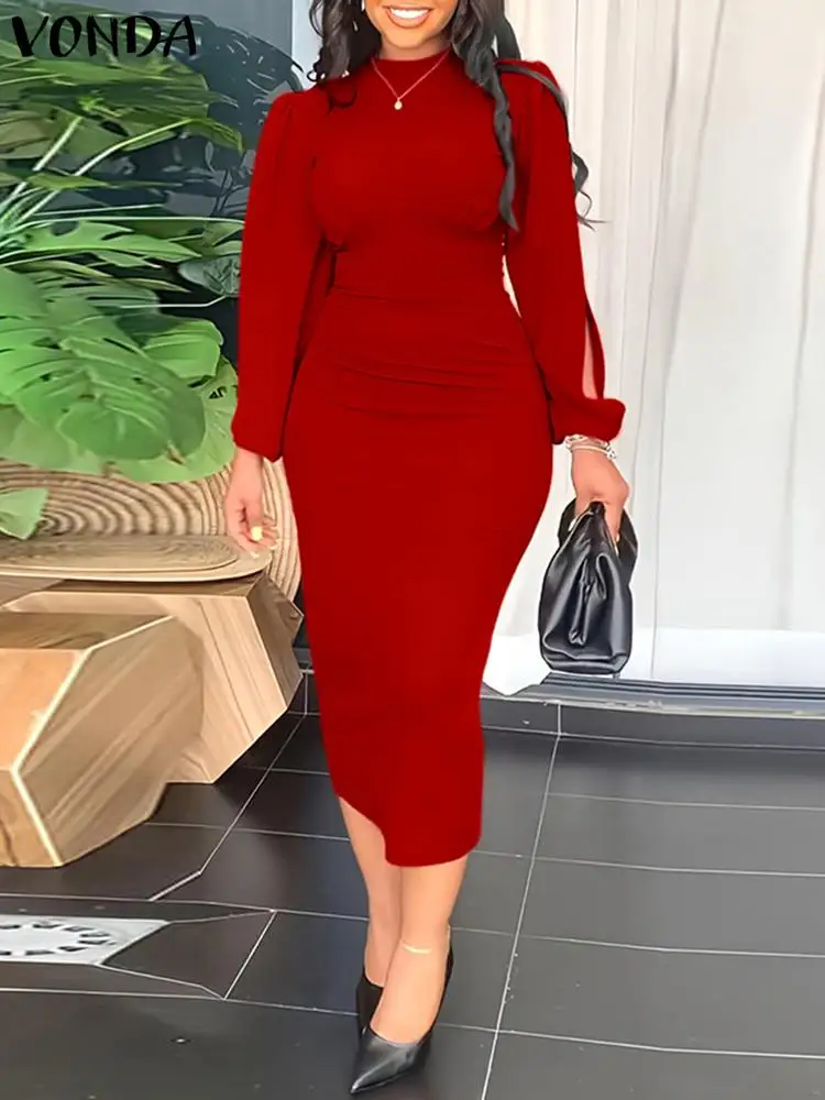 

2023 VONDA осеннее женское элегантное вечернее платье, длинный сарафан с разрезом, модное облегающее уличное платье средней длины с воротником-стойкой