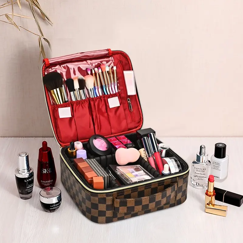 Makeup Bag for Women, Checkered Cosmetic Case, Travel Cosmetic Organizer with Adjustable Dividers, Red