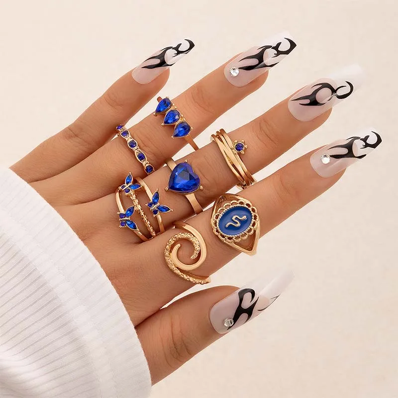 

European And American Retro Imitation Sapphire Inlaid Ring Set Personality Fashion Love Butterfly Seven-Piece Set Ring Female