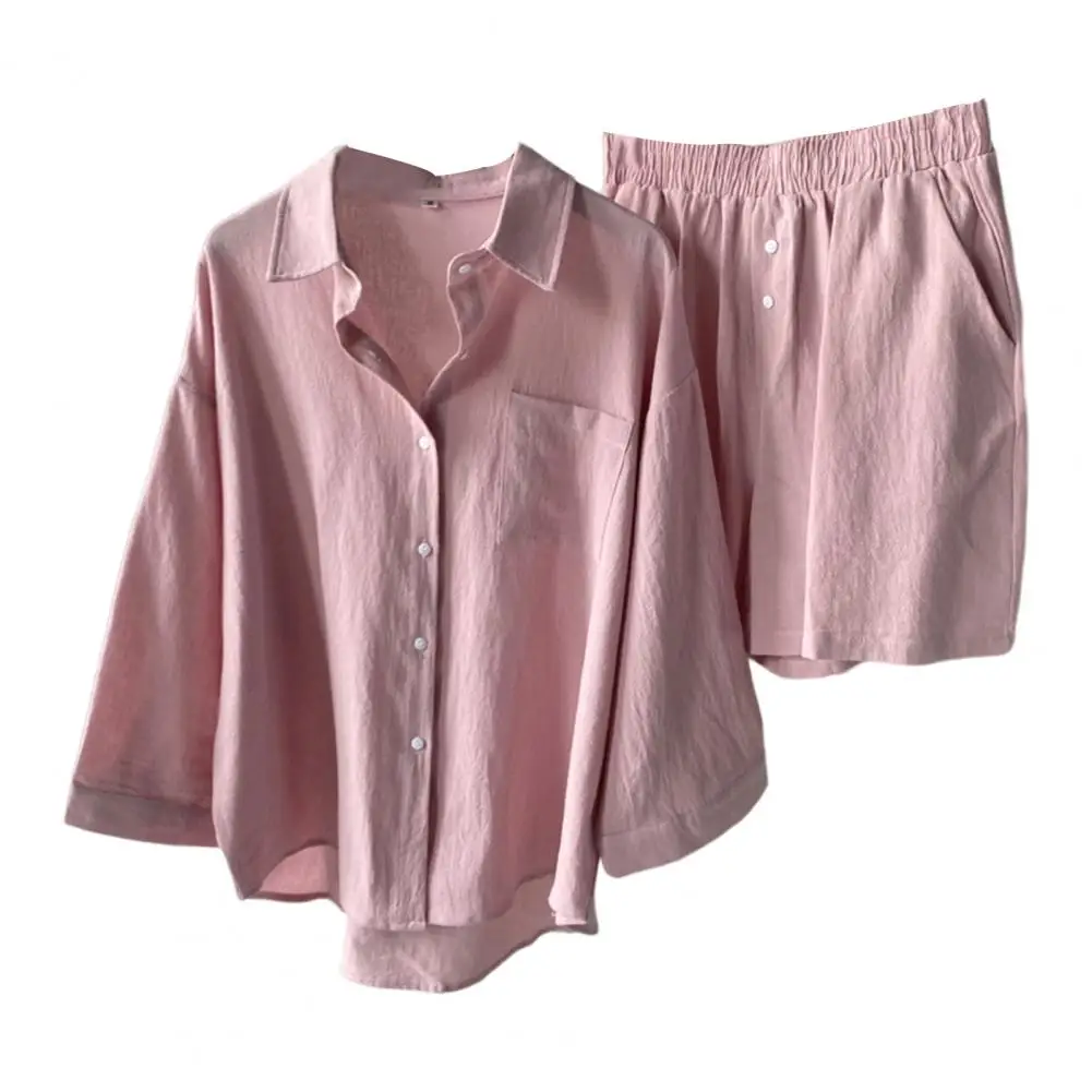

2 Pcs/Set Women Tops Shorts Set Solid Color Casual Loose Type Single-breasted High Waist Blouse Pants Suit Daily Clothes 2022