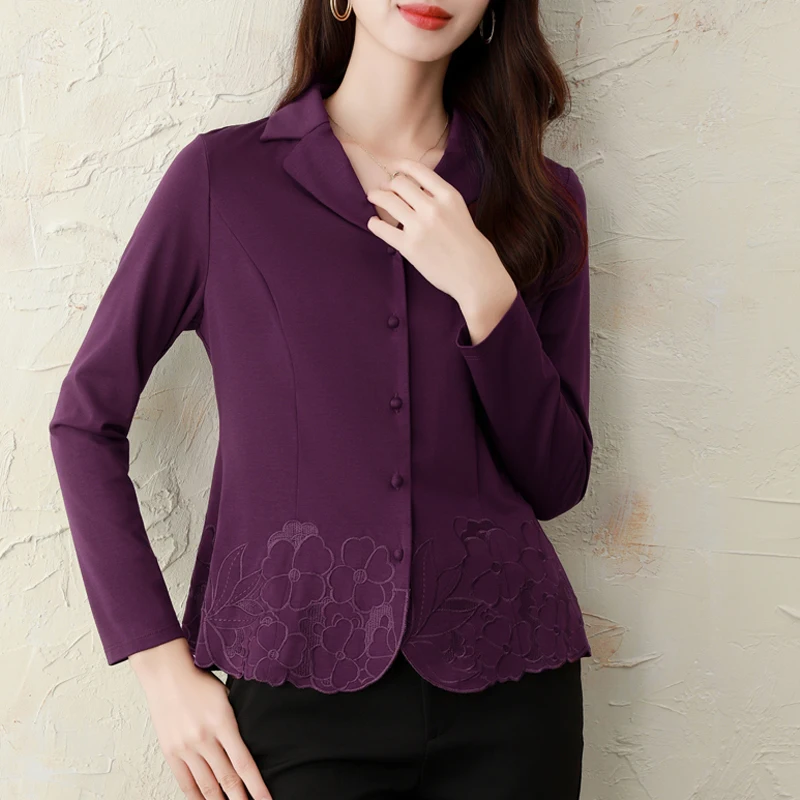 Элегантные фиолетовые вышитые женские рубашки Осень-Зима базовые Топы с длинным