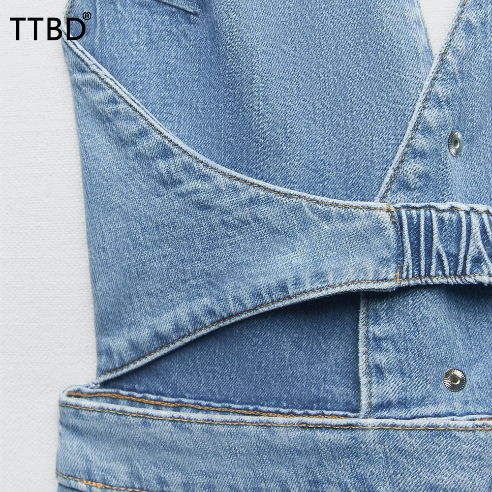 TTBD Women denim halter-neck jumpsuit female Retro sexy backless jumpsuit Deep V jumpsuit for women drop-shipping