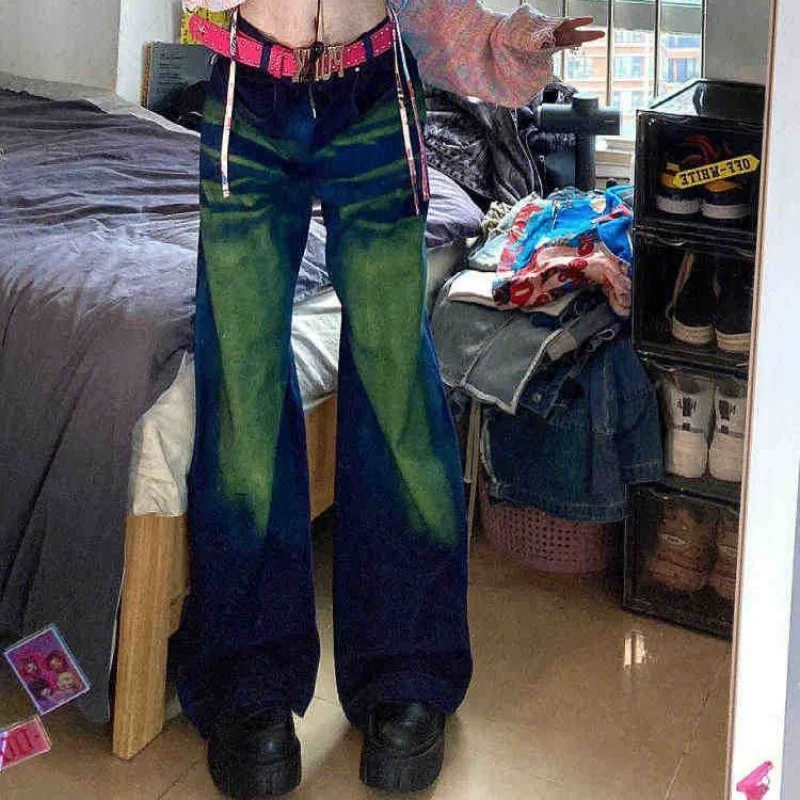 

Tie Dye Green Navy Blue Jeans Denim Pant y2k Women boyfriend baggy harajuku vintage streetwear fashion clothes grunge casual new