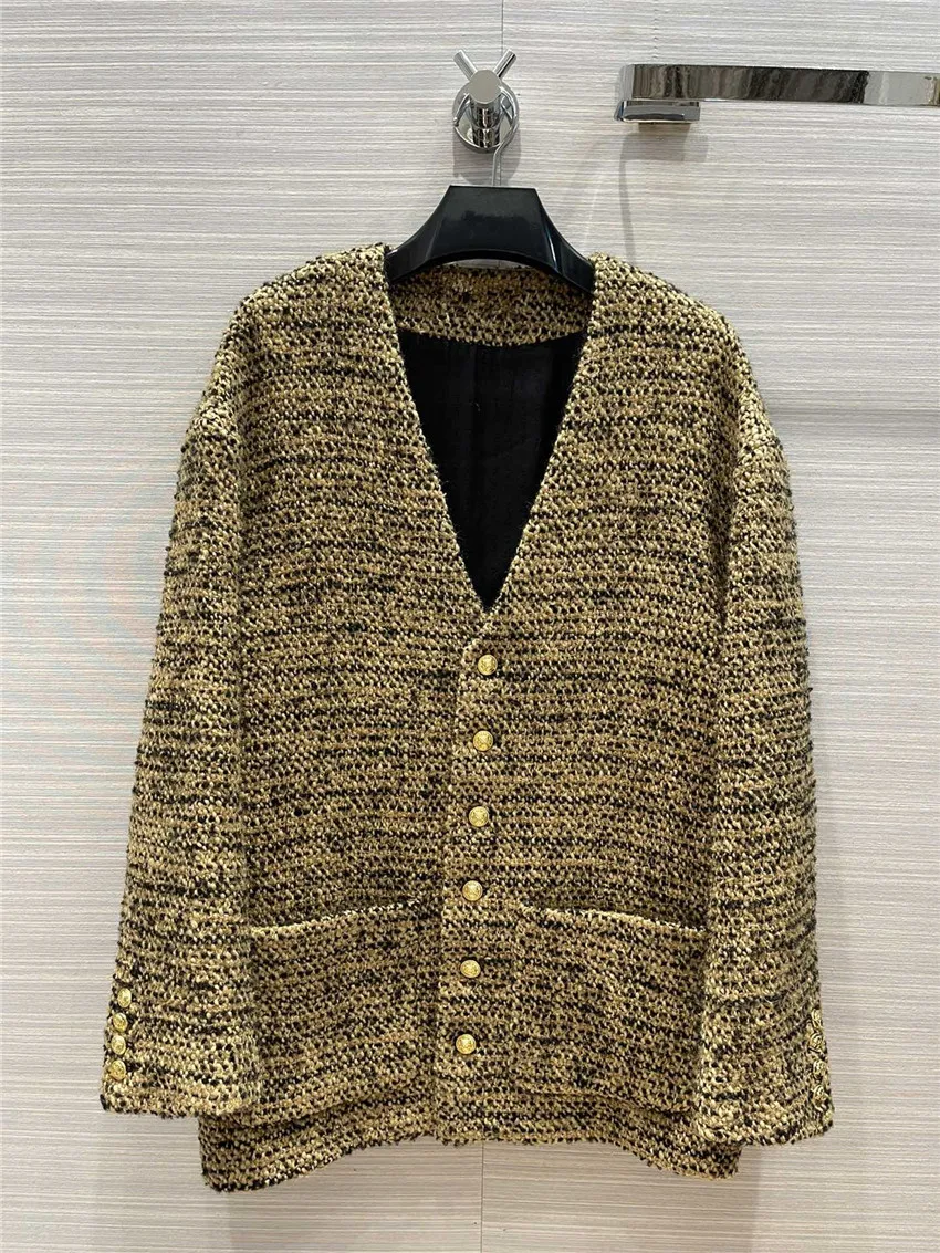 

Top Quality Women V Neck Metal Buttons Wool Blended Tweed Jacket Loose Coat