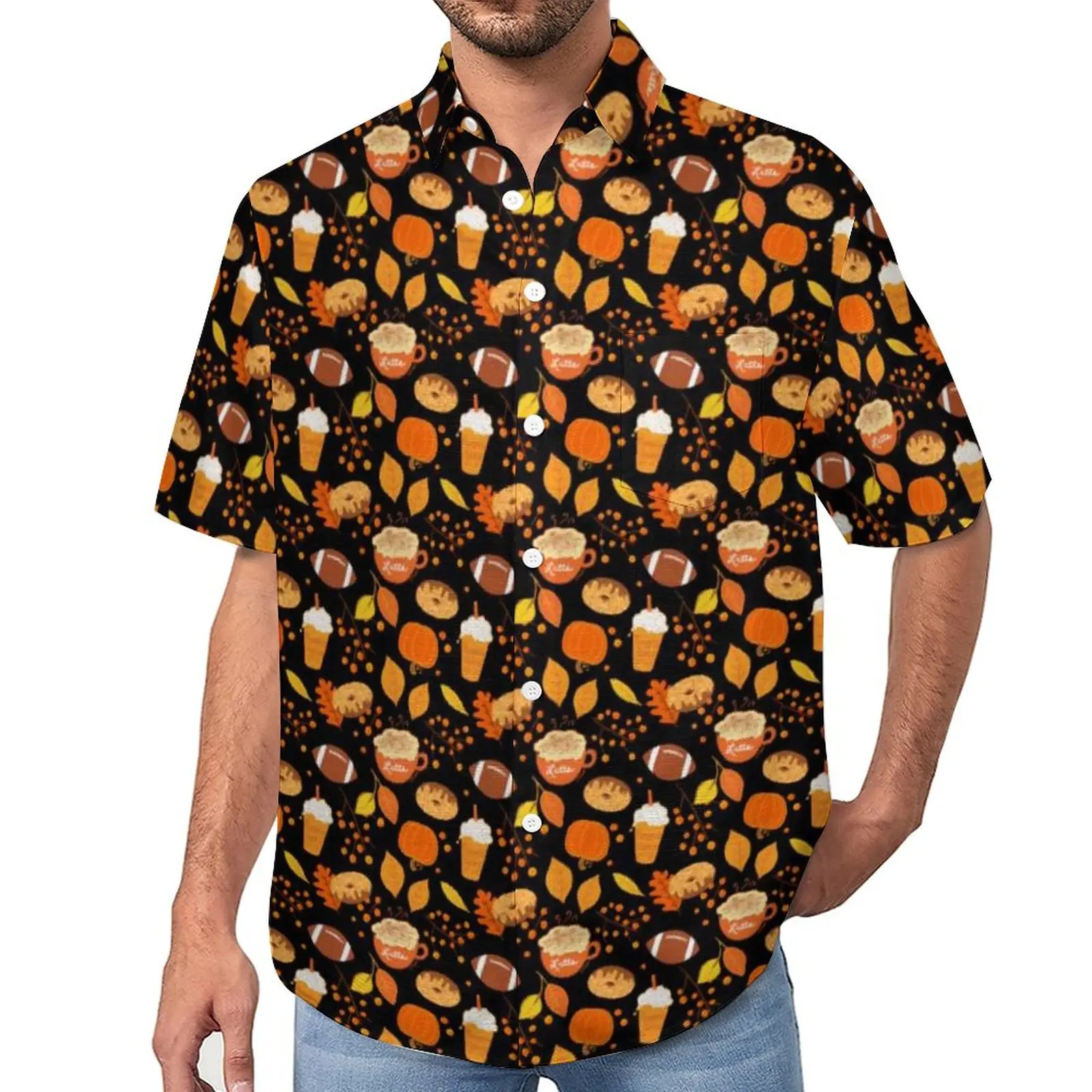 

Chocolate Doughnut Blouses Man Fall Leaves and Pumpkin Casual Shirts Hawaiian Short-Sleeve Print Novelty Oversize Beach Shirt
