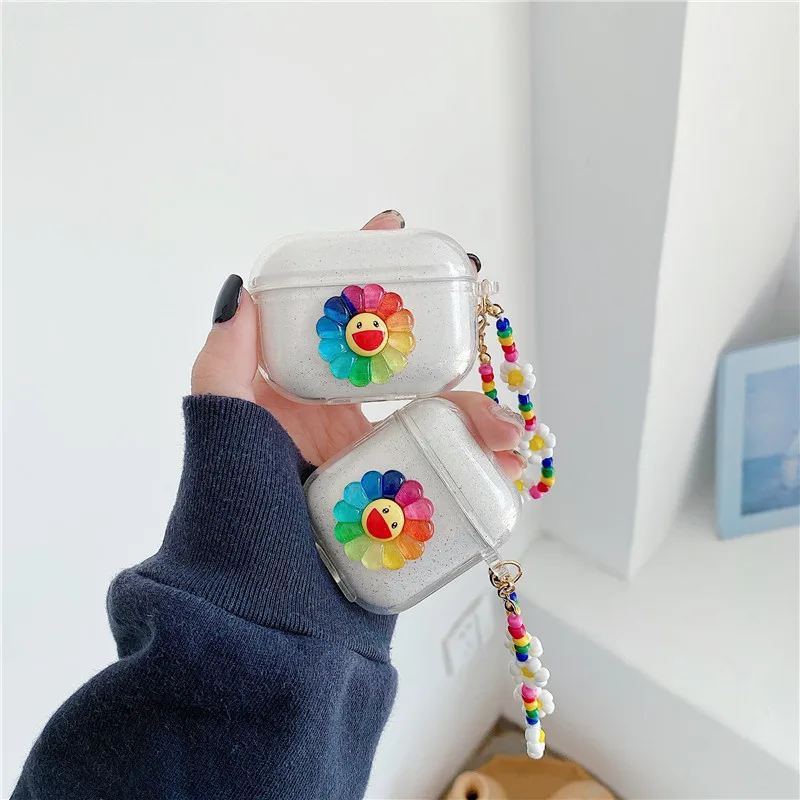 

Чехол для наушников AirPods 1, 2, 3, с милым подсолнухом, чехол для беспроводных Bluetooth наушников Airpods Pro, мягкий блестящий чехол с браслетом