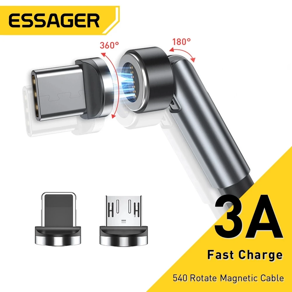 

Essager Magnetic Cable 3A Fast Charging USB Type C 540 Rotate Magnet Charger For iPhone Mobile Phone Micro USB-C Data Wire Cord