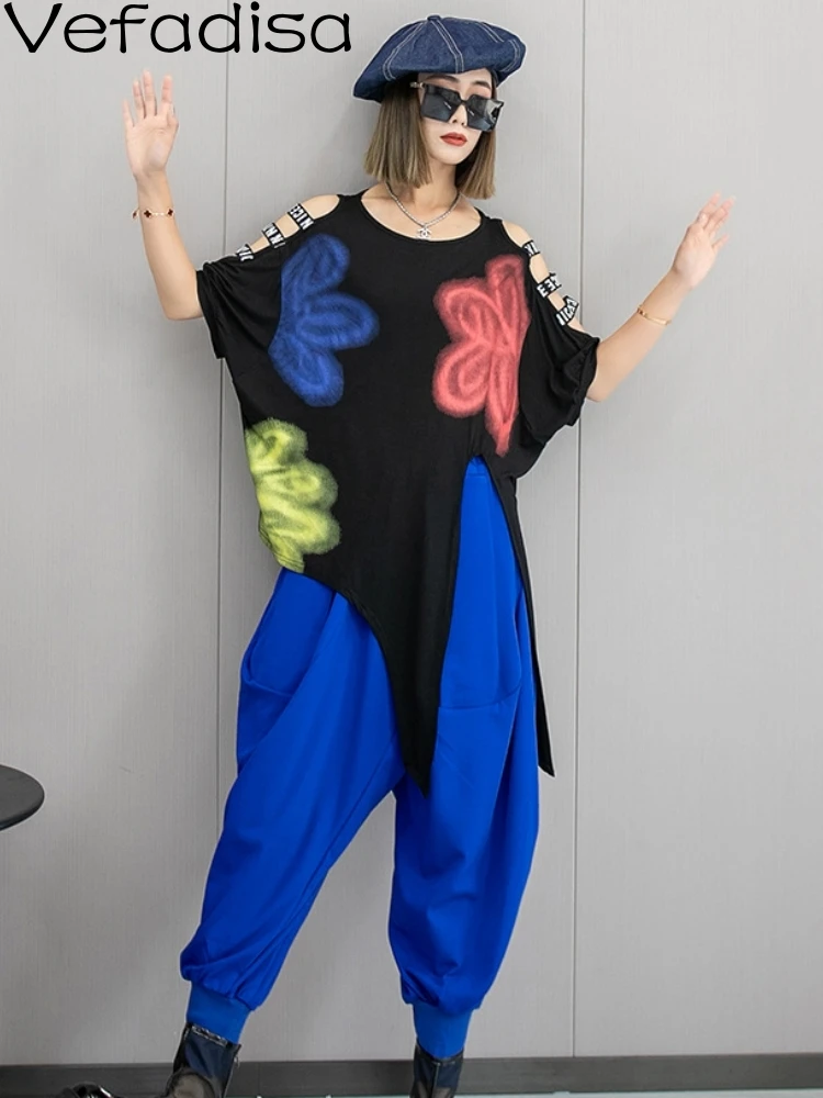 

Vefadisa 2023 New Women Casual Graffiti Off Shoulder Short Sleeved Tie Up T-shirt And Lantern Pants Two-piece Set Girl ZY1816