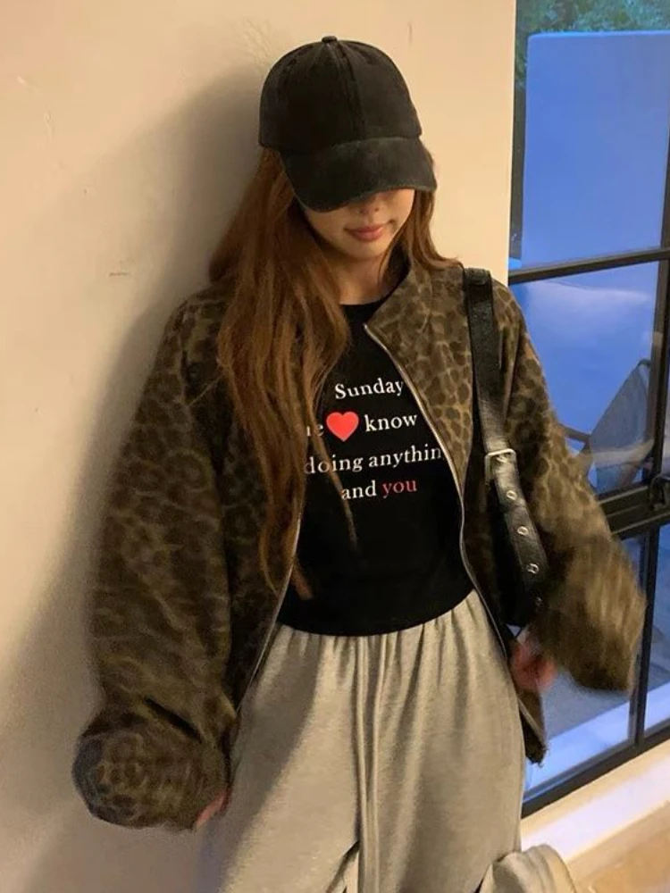 Женская леопардовая куртка на молнии Повседневная Свободная винтажная в стиле